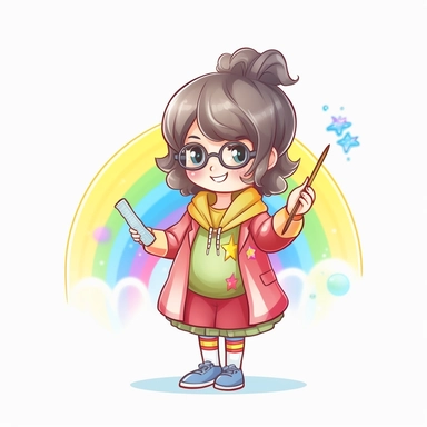 kawaii style rainbow cute teacher with a magic wand, casting spells to make learning fun and engaging for students, Best quality, 8K, HD, white background, no background, sublimation file, png, 2d, Cute kawaii style, vector clipart, no watermark
