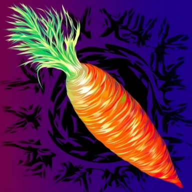 Generate a clipart image of a carrot, rendered in a psychedelic style that retains the recognizable form of a carrot. The carrot should be depicted in vibrant colors, with a touch of psychedelia in the form of subtle patterns, textures, or color variations that create an interesting visual effect. The colors used should be bold and bright, but not overly intense or overwhelming, to retain the natural appearance of a carrot. The clipart should incorporate minimalistic psychedelic elements such as