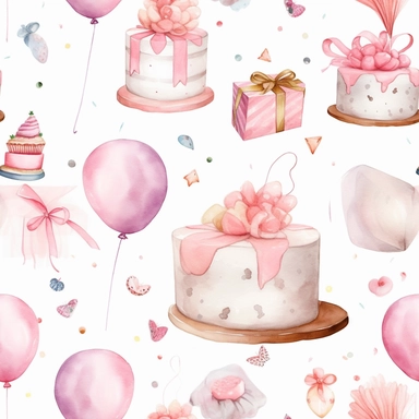 A cute collection on white with margins of birthday icon birthday cake, balloons, hearts, flowers, presents, watercolor, vector, clipart, elaborate, ultra - detailed, soft colors, rose gold and pink high definition, UHD