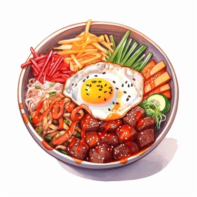 watercolor, hyper realistic, white background, white margins, 16k, ultra detailed clipart, cut out image, hand-drawn a Korean bibimbap bowl with a colorful assortment of vegetables, beef, and fried egg on top of a bed of rice, and a side of gochujang sauce and kimchi. in the style of anime art, frostpunk, photo-realistic drawings, villagecore, lively and energetic, high quality, anime