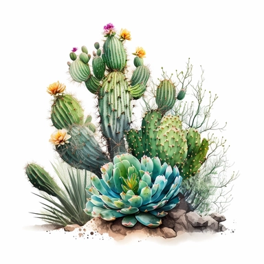 watercolor art, stunning desert cacti clipart featuring a single majestic cactus, set against a pristine white background, highlighting its natural beauty and elegance., white background, no text, no caption