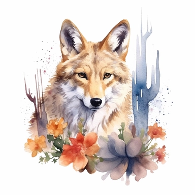 watercolor painting of a Coyote, clipart, watercolor clipart, watercolor splashes, illustration, artsy, desert, tumbleweed, desert flowers, warm colors, white background