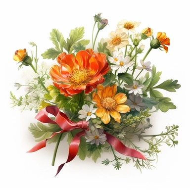 a simple gorgeous wildflowers and flowers corsage with ribbon and greenery on white background clipart, bright yellow, orange, red, and green color theme, watercolor painting realistic, high quality, vibrant, Vicente Romero Redondo, Willem van Aelst, Elsa Beskow
