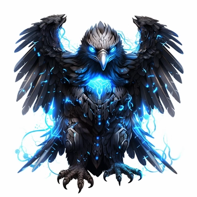 a glowing tribal eagle with blue lights on his eyes, tribal animals, in the style of bold black outlines, manhwa character design, master of shadows, burned/charred, himalayan art, dark black and light azure, 2d game art, quadratura, clipart, on white blackground