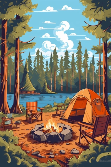 camping scene with campfire, chairs, and tent in the woods during the summer months. vector clip art illustration, detailed, rustic