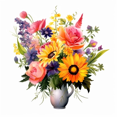 Colorful bouquet of flowers, vibrant, floral arrangement, blooming, garden, summer, clipart, white background, high quality, realistic--ar 1:1