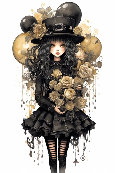 watercolor mixed media goth steampunk girl entire body in goth steampunk birthday bouquet illustration clipart by holly hobbie