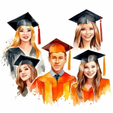 watercolor graduation ceremony related scenes, illustrations clipart set, simple, , cartoon elements ,different variants , separate elements with a margin, ,4k, high resolution