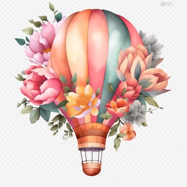 Hot Air Balloon With Foral realistic Clipart, White Background