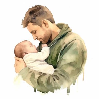 Create a detailed watercolor clipart of a father cuddling a newborn baby boy in cream colors with soft green-khaki tones on a white background. The expressions, clothing, and interaction should be realistically illustrated.