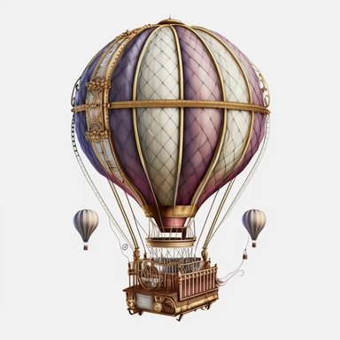 Design a watercolor style hot air balloon with intricate brass fittings, a steam-powered burner, and a network of cables and ropes for stability. High resolution with white background. 4k clipart