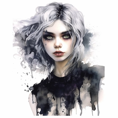 An intricate watercolor of goth woman. watercolor, white background, clipart, ultra high detail, ultrarealistic