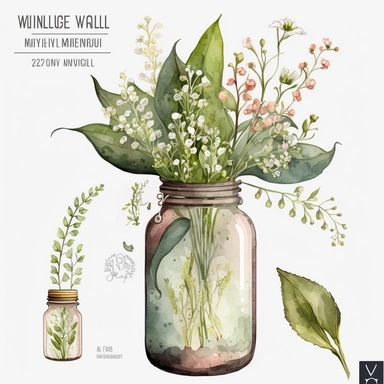 A watercolor clipart featuring a delicate bouquet of muguet (lily of the valley) flowers in a vintage jar. The flowers are depicted with intricate details, capturing the texture and delicacy of each petal and leaf. The bouquet includes a variety of muguet flower types, such as small sprigs with delicate flowers and long stems with clusters of blooms. The watercolor technique used in the painting gives the image a soft, dreamy quality, with the colors blending together in a way that suggests move