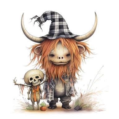 Watercolor realistic highland cow with scarecrow , style by Lucy Fleming, watercolor, smooth gradients, black contour outline, ultra detailed, clipart elements, delicate pastel colors, solid white background, super clear, high quality