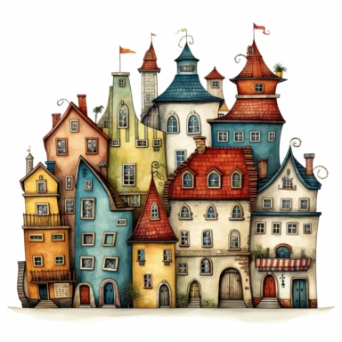 clipart houses, in the style of colin thompson, on white background