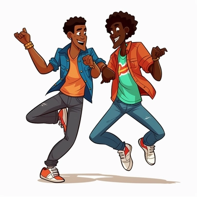 black gay cartoon actors doing improv exercises together clip art transparent background full body vibrant colors