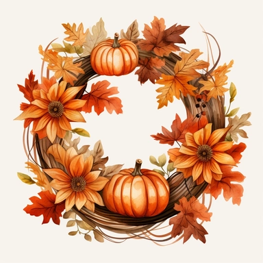 Hand drawn, Thanksgiving themed , a rustic Autumn Wreath with autumn elements, watercolor clipart, single object, high definition 8k, single object, png, transparent, 4K, white background for removing background