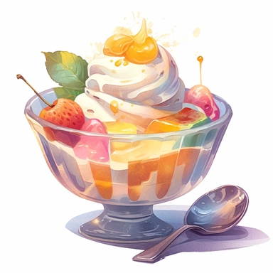 a drawing of a dessert featuring candy and whipped cream, icecream sundae, mango, orange, glass bowl, in the style of pastel toned, shiny/glossy, fantasy realism, caffenol developing, warmcore, #screenshotsaturday, rubens, white background, isolated, free brushstrokes, watercolor illustration, clipart,