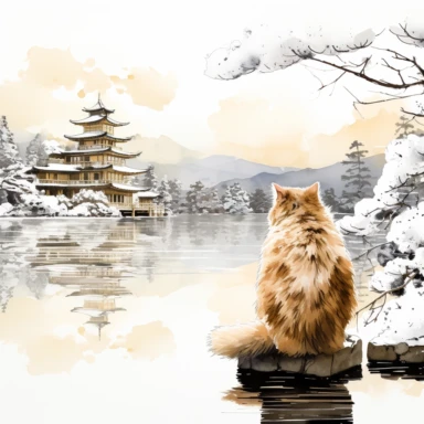 Ragdoll Cat wearing a Japanese kimono wanders by the lake in front of Kinkakuji (Golden Pavilion) Temple in Kyoto, admires the golden architecture in contrast with the snowy white scenery. Clipart Watercolor By Yuzo Komori. clean line, on white background only, spaced out, with space around.