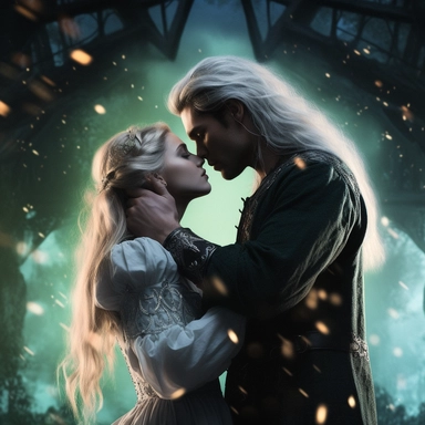 Clipart, just real, cinematic lighting, couple of elf lovers, kiss , white hair, man with medium hair, green eyes, fantasy background, 8k, darkness& light