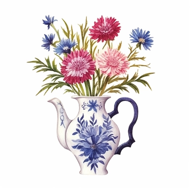 Design a dreamy watercolor clipart of frenchfarmhouse-inspired Asters, celosia, and cornflowers arranged in a playful ceramic teapot composition, hand-painted with soft and graceful brushstrokes. Draw inspiration from the artistic finesse of Ethereal Petals Watercolors for a refined and ethereal depiction. isolated on a white background, hand-drawn illustration, hand-painted watercolor texture, 16k UHD resolution, intricately detailed, sharp focal points, designed by Ana Victoria Calderon and Ho