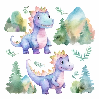 friendly, fluffy watercolor dinosaurs clipart, pastel colors, in the mountains, forest, separated, seamless, transparent background--AR 3:2