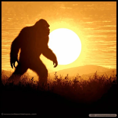 clipart of a sasquatch in a clearing, Silhouetted against a setting sun, hyper realistic, high definition, sharp focus, contour, edges of image fade to white