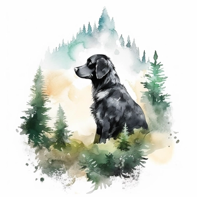watercolor style, dog with the mountain forest in the back clipart, isolated on white background, hd