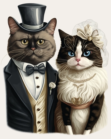 clipart bride is a cat with a wedding dress on the groom is a cat with a tuxedo on a cat getting married Conte drawing style