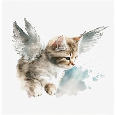 kitten with angel wings flying, cute, watercolor, white background, clipart