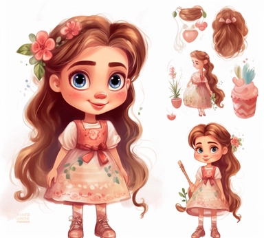 cute adorable little Hungarian princess character watercolor clipart, full body, disney, pixar