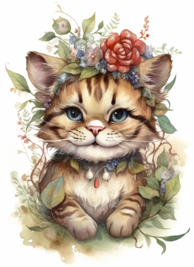 clipart,a cute little tiger in a field with floral bonnet on its head wearing necklace ,in the style of jody bergsma, 32k uhd, hand-painted details, charming character illustrations, dark brown and light beige,red/green, aquarellist, hd , white background clipart
