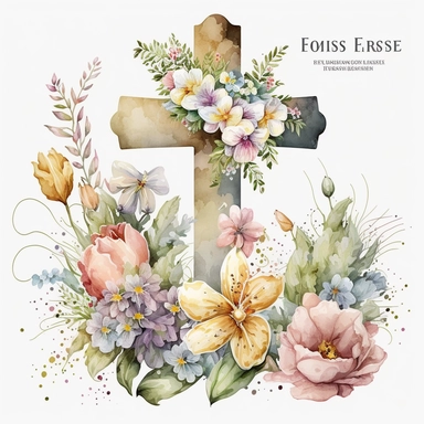 watercolor Easter Cross, flowers, Easter element clipart, on white background