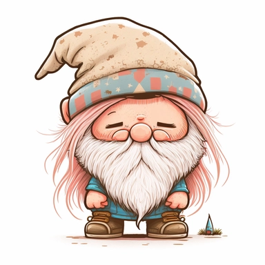cute chibi happy gnome with big white beard, wearing spike hat, hat is covering the eyes, clipart, line art, in the style of Anni Betts + Christine Battuz, watercolor illustration style 8k, png