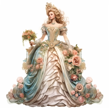 pastel colored, Victorian Rococo Queen in the style of digital airbrushing, realistic yet stylized, digitally enhanced, elaborate dresses with flowers and bows, 32k uhd, detailed crosshatching white background, clipart