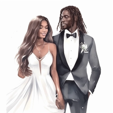 Black skin bride in a white wedding dress with diamonds and with beautiful jewelry, long beautiful hair and the groom in a tuxedo smile watercolor clipart