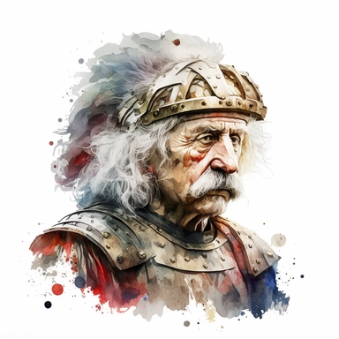 Albert Einstein viking warrior style, white background, watercolor, hyperrealism, high detail, separate elements, clipart