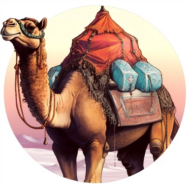 Akira Kurosawa's photograph of a camel with tent saddle, Josh Kirby Mad Max Lord of the Rings, enamel punk zine indie retrowave, clipart illustration, circular solid background circular border