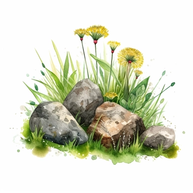 watercolor art of tuft of grass with dandelions, rocks, bugs in a field, in the style of realistic and hyper-detailed renderings, sketchfab, ahmed morsi, realistic watercolor paintings, use of common materials, handcrafted designs clipart