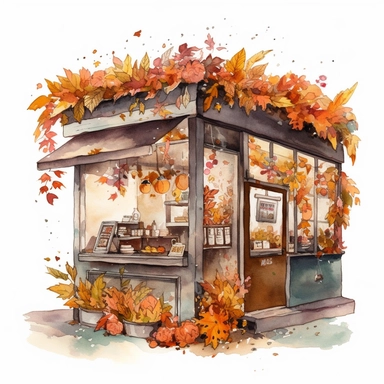 clipart Beautiful tiny Coffee shop, flowers, Fall, starbuks, Aesthetic, artwork, very detaleid, realistic, Brown color, hd, on white background, soft watercolor, spaced out