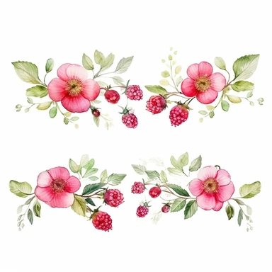 watercolor A clip art 4 set of images featuring raspberry flowers garland isolated white background, minimalist, 8K