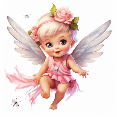 a beautiful happy baby fairy girl, pink flowered dress, blue eyes, highly detailed image, full body image, big wings, pixar style, clipart, white background,