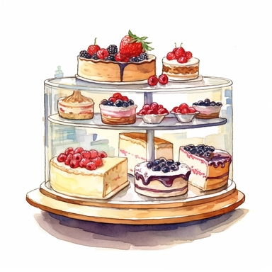 watercolor, hand drawn cheesecake in a bakery case clipart, hd, white background, spaced out--ar 3:2