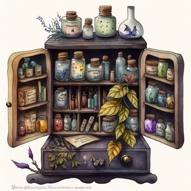 Watercolour Witches Apothecary Cabinet, fairytale, open drawers, clipart