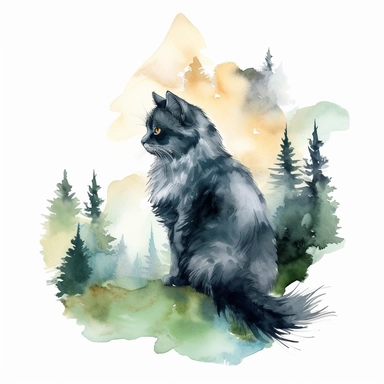 watercolor style, cat with the mountain forest in the back clipart, isolated on white background, hd