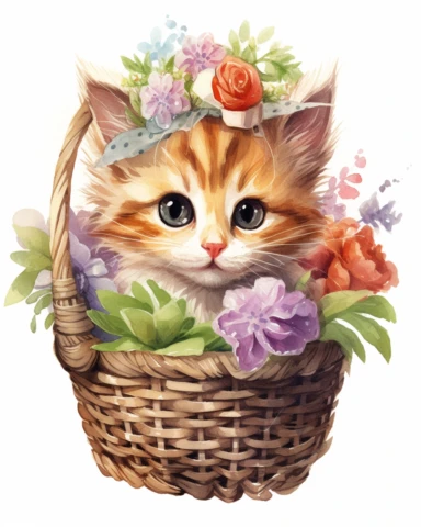 detailed watercolor Kitten in basket with flowers on head , realistic, isolated on a white background, clipart