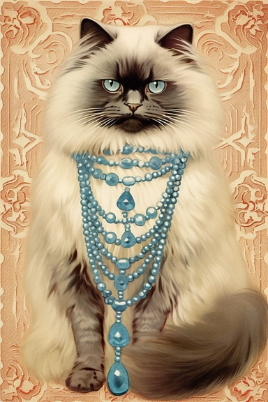 Vintage 1920 Ragdoll Cat wearing an elegant necklace encrusted with shimmering crystals and a matching bracelet Illustration , Chromolithograph, Die Cut, 1920s Illustration, Vintage, Chromolithograph, Colorful, Antique, Ephemera, Clipart, 8k, Isolated on white