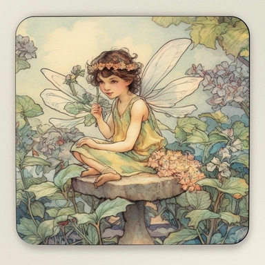 square shaped clipart of a captivating icon for showcasing a delightful pixie painting a colorful assortment of coasters, magnets, stickers, and a digital frame showcasing a stunning artwork. Illustrate the scene in the endearing style of Cicely Mary Barker, with gentle curves and tender details. The lighting should be warm and inviting, casting a cozy ambiance over the scene. Employ a pastel color scheme, incorporating soft pinks, blues, and purples with subtle metallic touches. Frame the compo