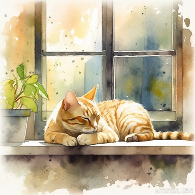 Clipart of A farm cat lazily napping on a windowsill Water colour texture isolated