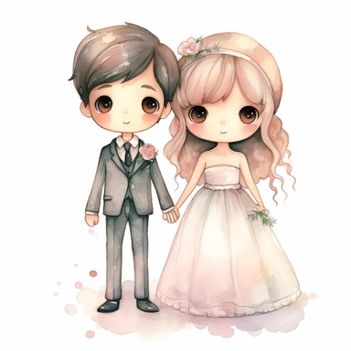 full body Little bride and groom, Watercolor Clipart, strybk, full Illustration, 4k, sharp focus, watercolor, smooth soft skin, symmetrical, soft lighting, detailed face, concept art, muted colors, watercolor style, strybk, children's style fairy tales, chibi kawaii, . Octane rendering, 3d. Perfect face, detailed face, delicate face, perfect sharp lips, detailed eyes. Craig Davison, Aubrey Beardsley, Conrad Roset, Aikut Aidogdu, Agnes Cecil, watercolor style